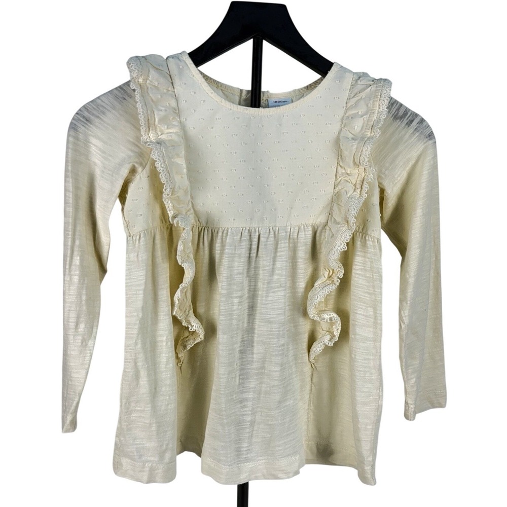 Hanna Andersson Girls Ivory Ruffle Swiss Dot Top Long Sleeve Size 8 Preowned EUC